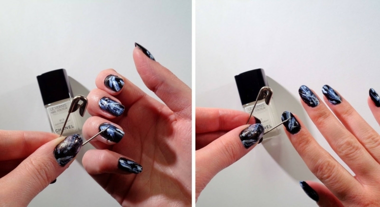 Nail art unghie a mandorla, base con smalto nero e decorazione effetto marmo da fare a mano 