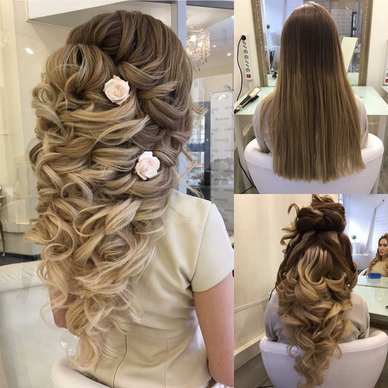 un esempio di acconciature capelli lunghi raccolti per una sposa, biondi e con due fiori a lato