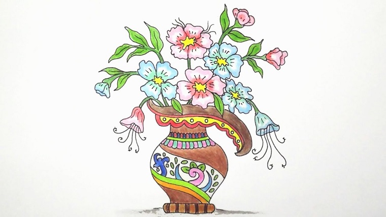 Disegnare e colorare un vaso antico greco con i fiori all'interno 