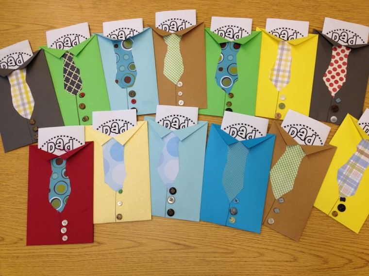 dei cartoncini colorati a forma di camicia con cravatta e bottoni: delle idee regalo festa del papà