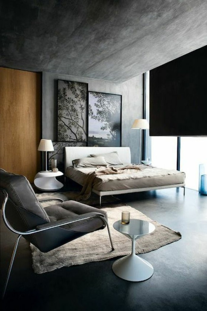 Zona notte e tabella colori da applicare, pareti e soffitto grigio, grande finestra, tappeto effetto pelliccia 