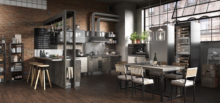 Open space cucina e sala da pranzo, stili di arredamento, pavimento in legno colore scuro, mobili di legno colore grigio 
