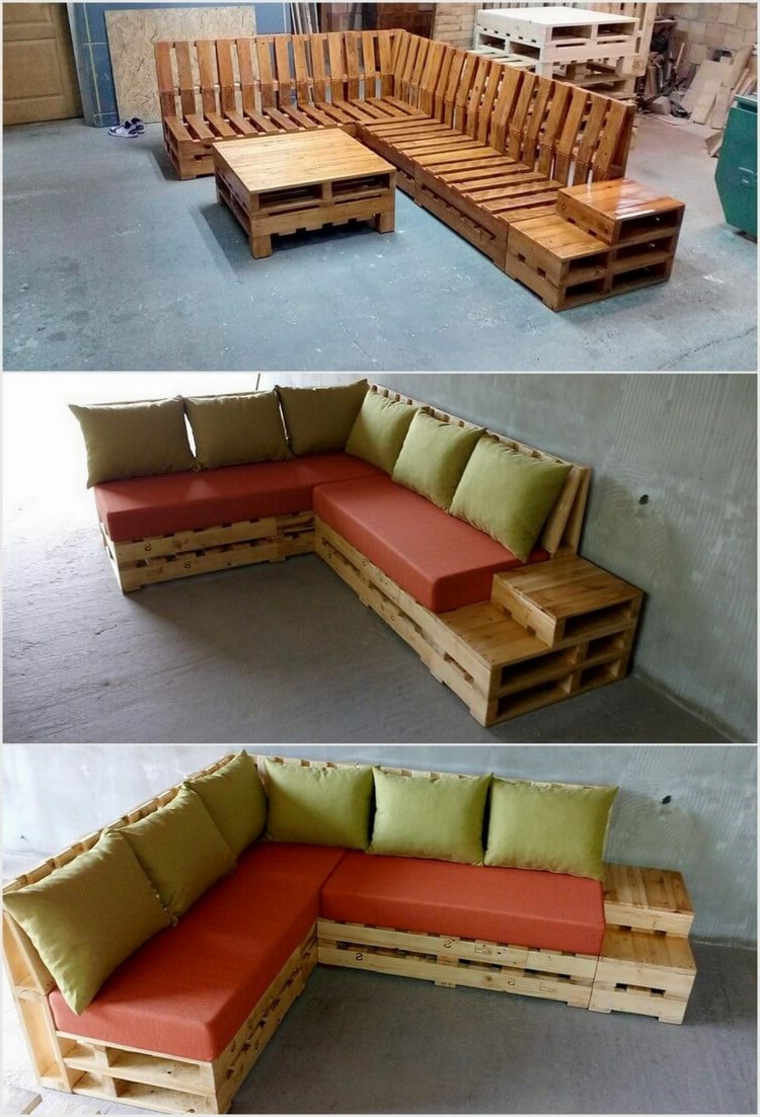 idea per realizzare dei mobili con pallet angolari completi di cuscini arancio e verdi