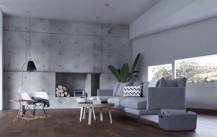 Idee arredo casa, set di mobili in legno e dicano con gambe in metallo, parete di colore grigio stile industriale 