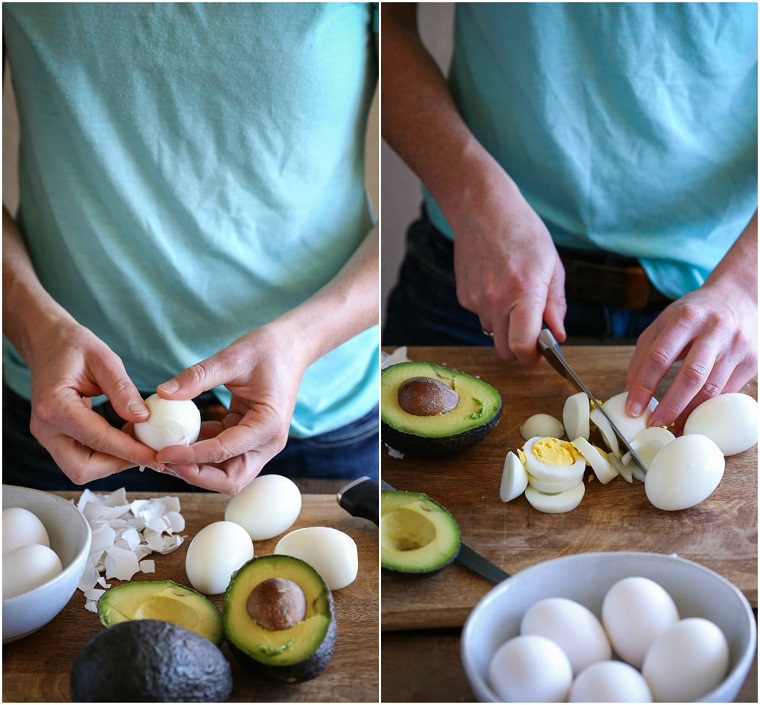 Tutorial come cucinare l'avocado, donna che sbuccia le uova sode, frutto esotico tagliato a metà 
