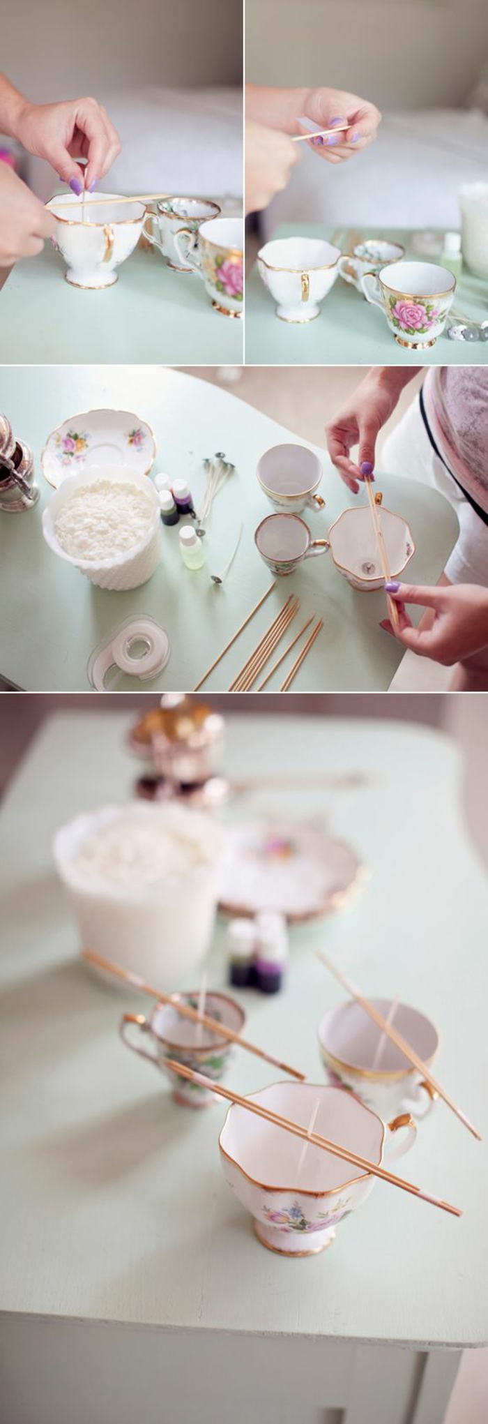 Idea come fare stoppino per candele, tazza da tè utilizzata come portacandele 