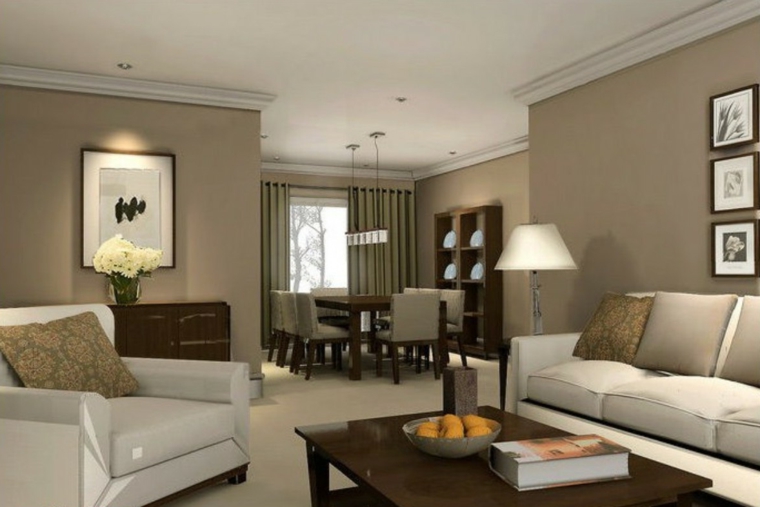 salotto con divani bianchi e tavolino in legno, zona pranzo e pareti tortora: idee per tinteggiare il salotto
