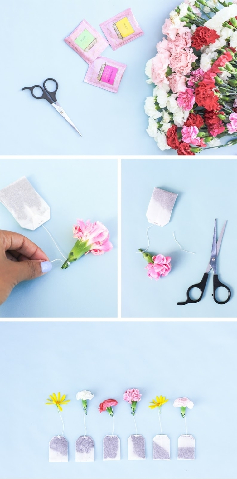 idea creativa per lavoretti festa della mamma, il necessario per realizzarlo: forbici, fiori e bustine di tè