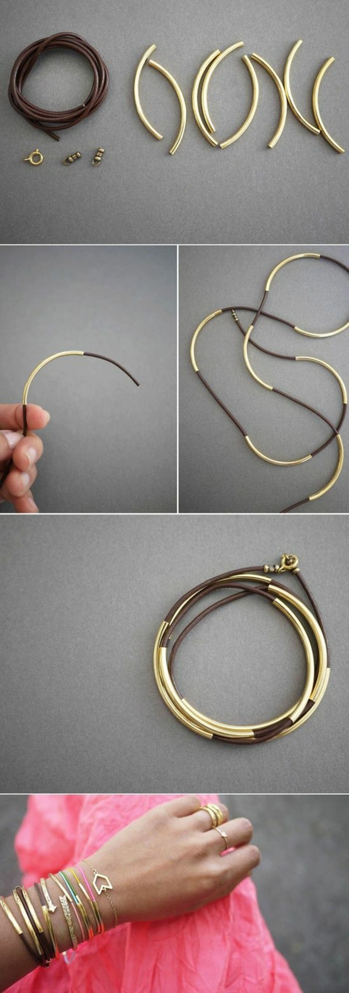 idea per fai da te oggetti creativi, dei bracciali e delle collane realizzate con del cordoncino e delle parti dorate