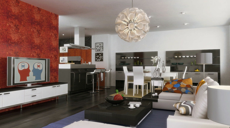 idea per come arredare salotto e sala da pranzo insieme con mobili moderni bianchi, parete tv rossa