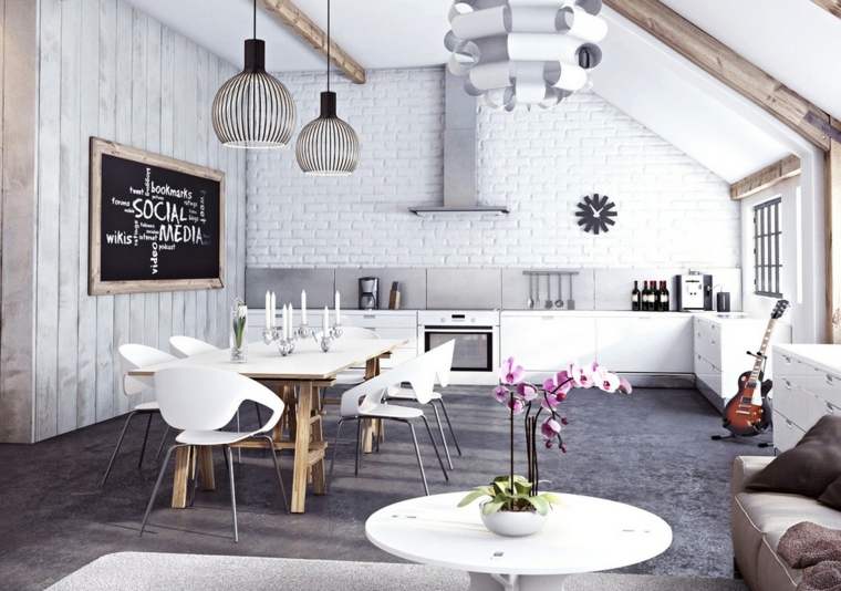 open space con mobili soggiorno moderni con cucina bianca, tavolo da pranzo bianco e divano lineare