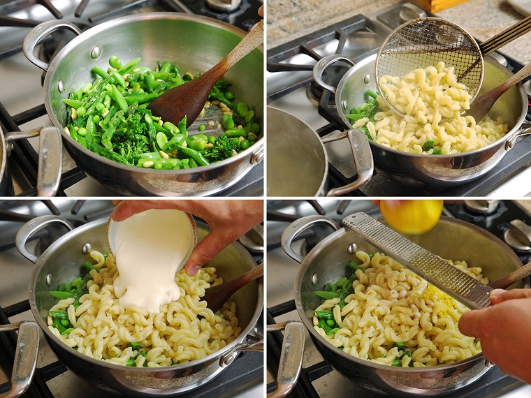 Padella con verdure e pasta fresca, cosa preparo per cena, collage di foto tutorial ricetta 