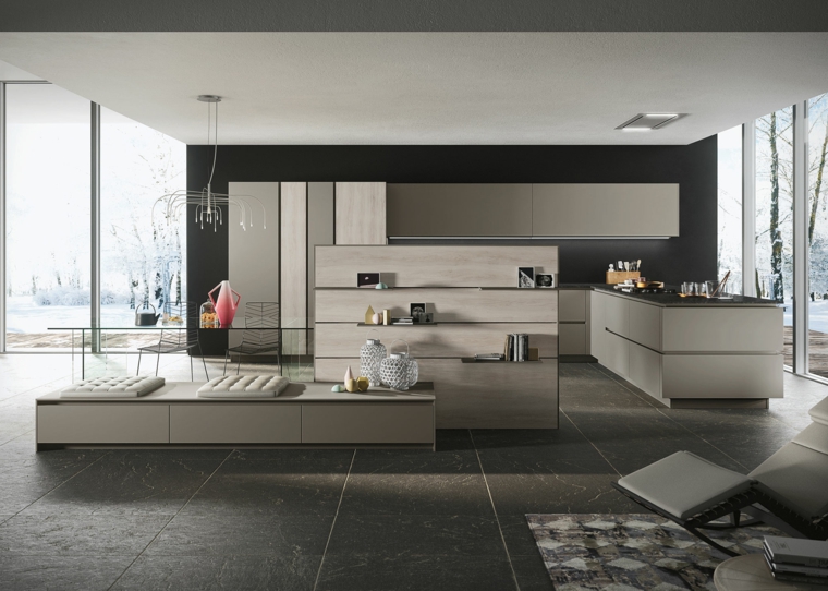 come arredare ambiente unico cucina soggiorno con mobili lineari e moderni color tortora, parete e pavimenti grigi