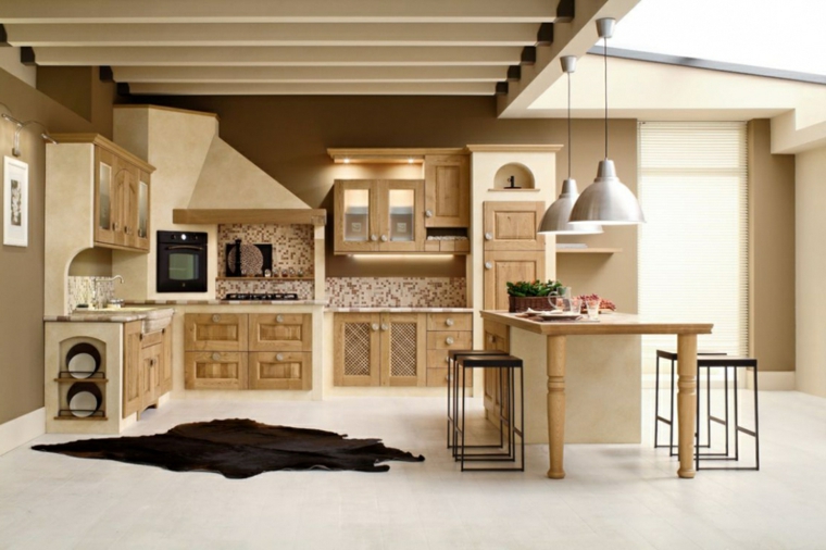 mobili in stile country moderno, idee per cucine in muratura beige con ante e dettagli in legno chiaro