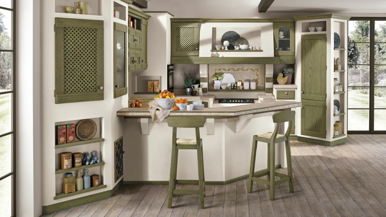 arredamento rustico per cucine in muratura bianche con ante e sgabelli in legno verde