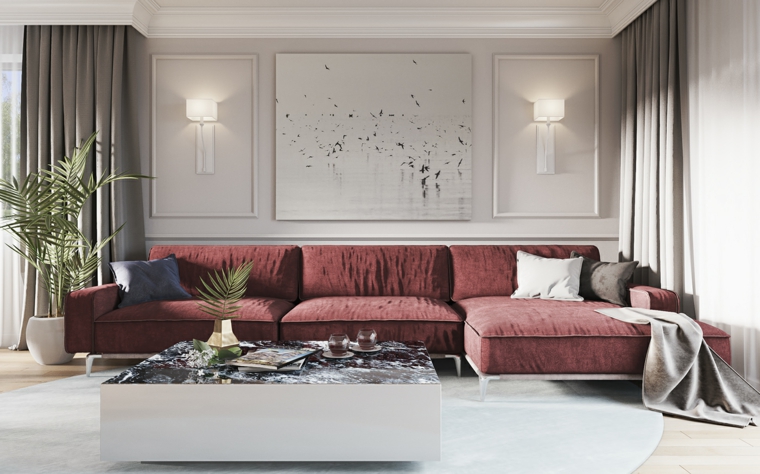 Quadri moderni per arredamento soggiorno in abbinamento ad un divano di colore bordeaux