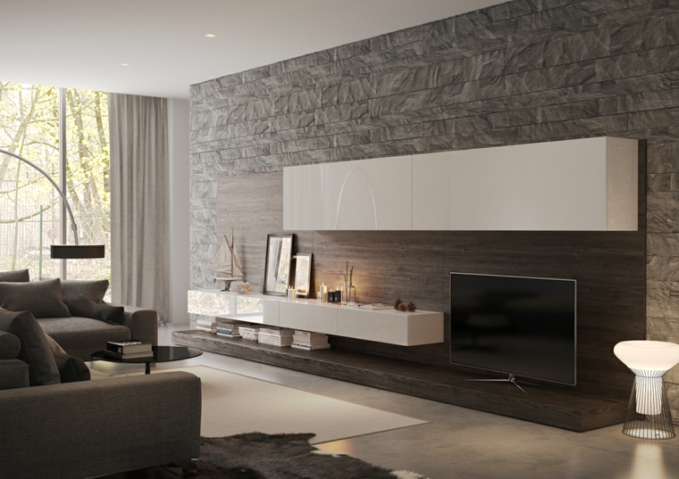 pareti in pietra bianca e grigia mobili soggiorno colore bianco laccato parete salotto con tv