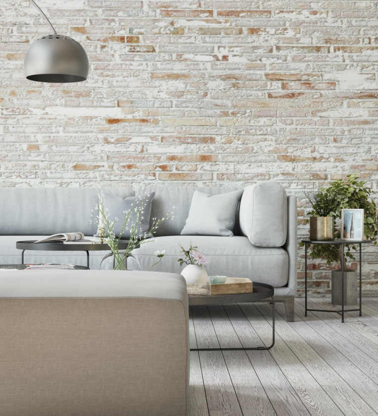 pareti in pietra bianca soggiorno con divano grigio decorazione tavolino con fiori