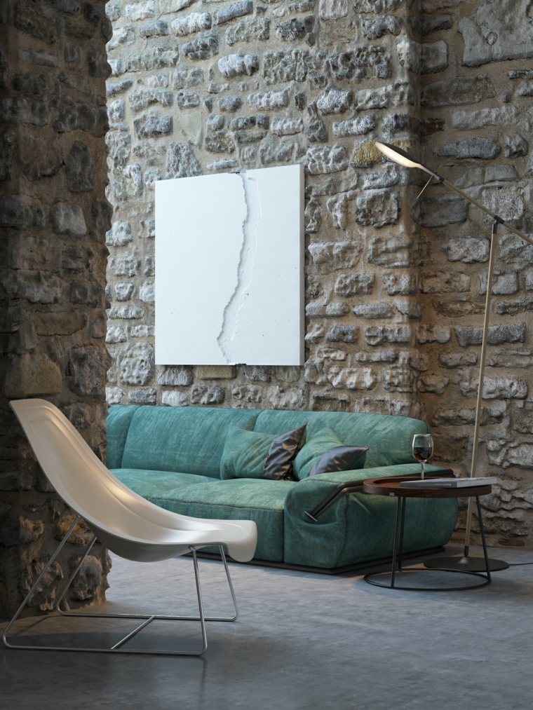 pareti in pietra per soggiorno divano di colore verde decorazione con quadro