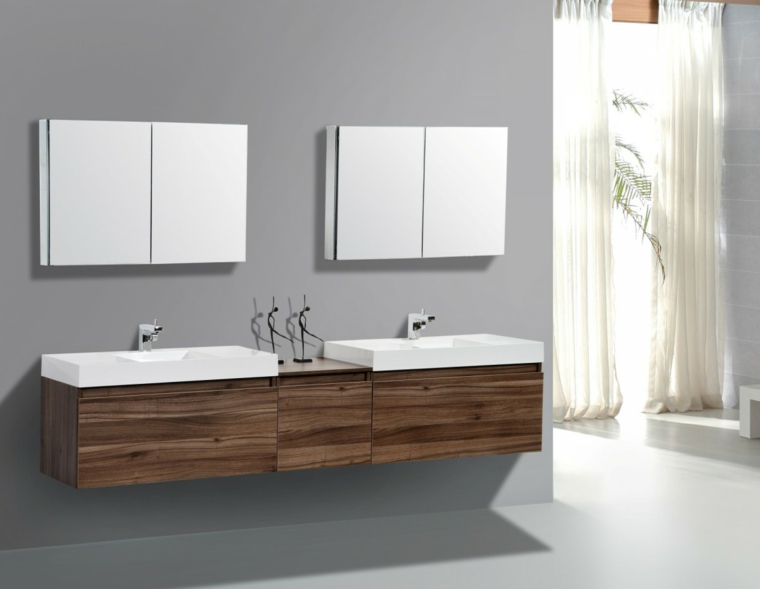 Mobili lavabo di legno e rubinetti acciaio inox, due specchi con contenitore