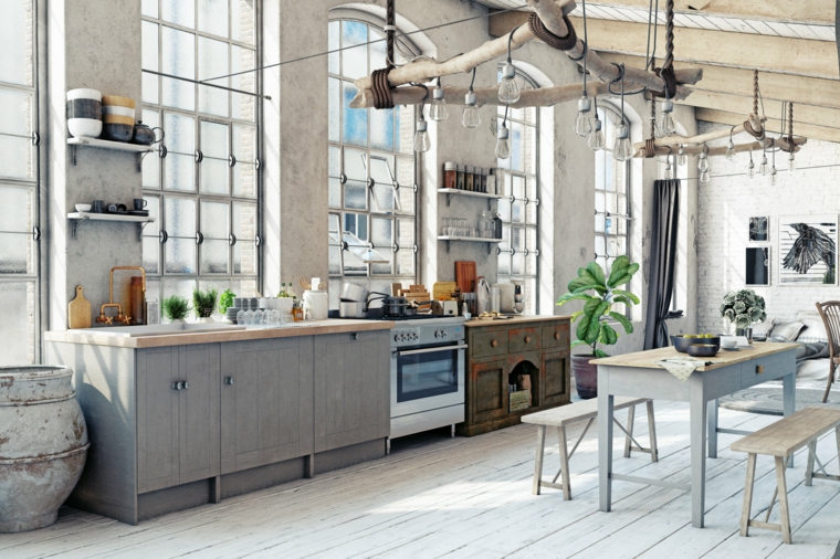 progetti cucine in muratura rustiche loft con pavimento in legno lampadari sospesi