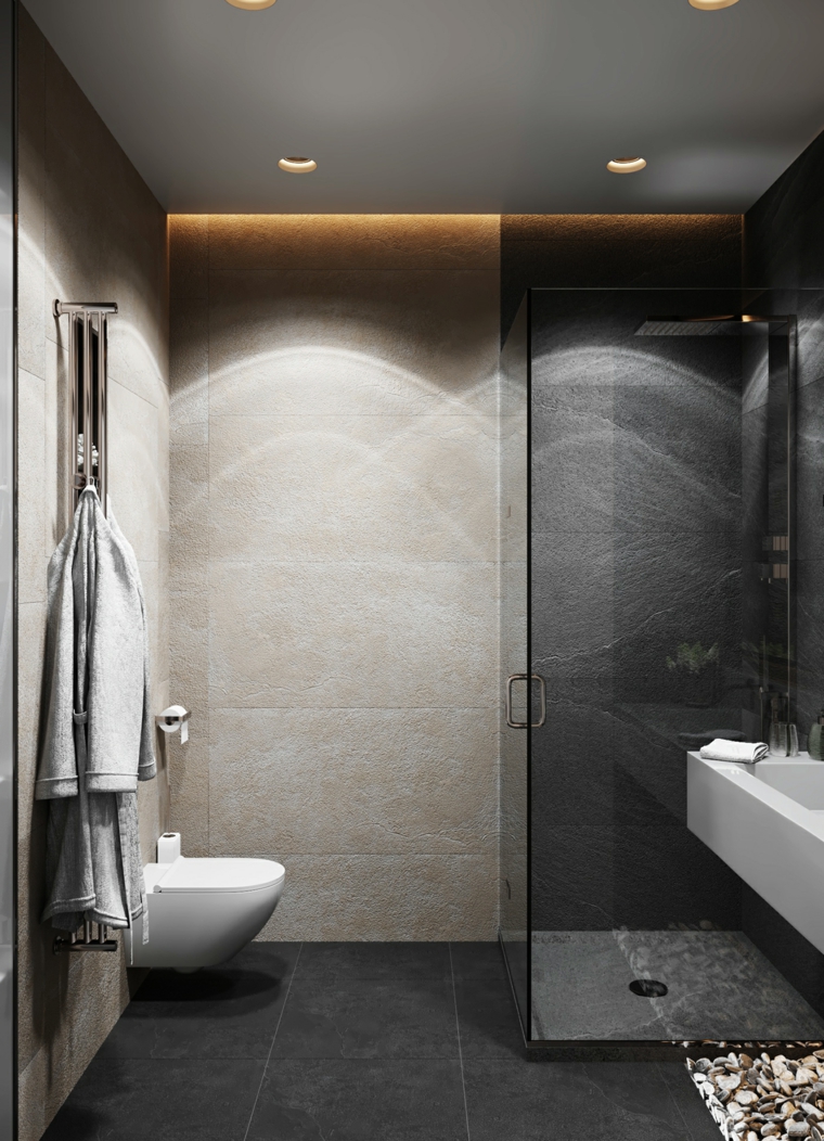 Piastrelle pareti bagno colore grigio ruvide, docce moderne e un'idea con porta di vetro 