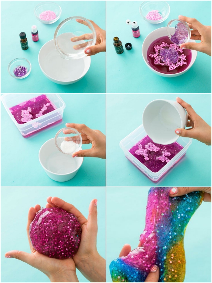 Come fare lo slime con glitter e colorante, tutorial con i passaggi da seguire