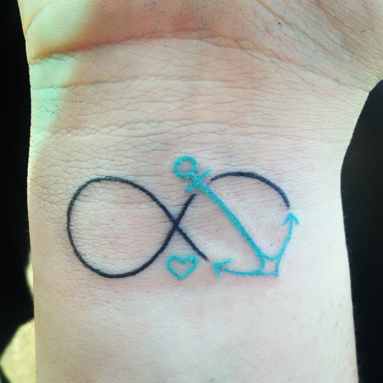 Tattoo infinito e un ancora di colore azzurro, piccolo tatuaggio sul polso