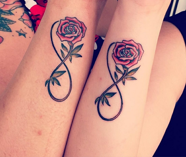 Tatuaggio dedicato alla famiglia con il simbolo dell'infinito e due rose di colore rosso