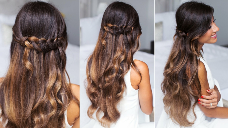 Treccia a cascata per dei capelli lunghi e mossi di colore castano ombre