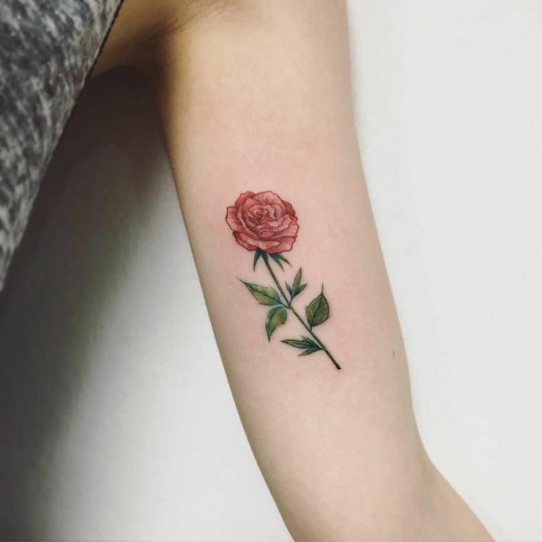 Un'idea per dei tatuaggi femminili braccio con una rosa con foglie verdi e petali rosa