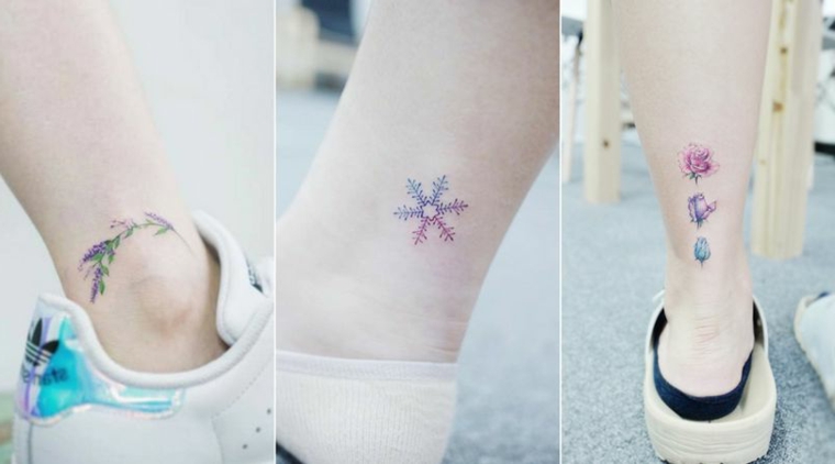 Idee tatuaggi polpaccio donne con disegni colorati, tre tattoo dal design floreali 