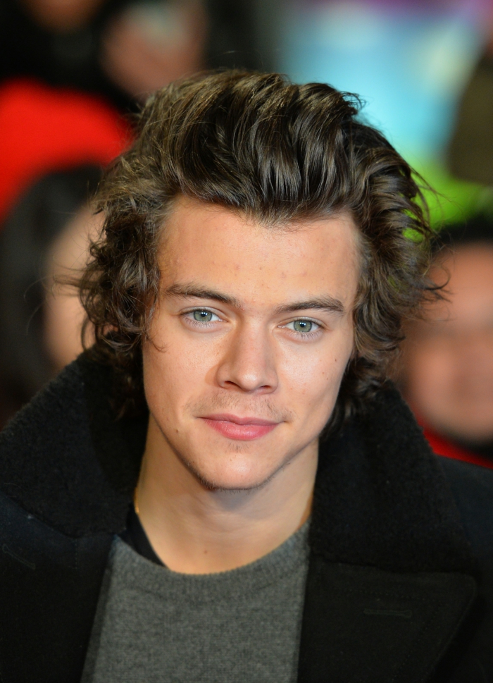 Piega capelli mossi del cantante Harry Styles vestito con una giacca e maglione pesante