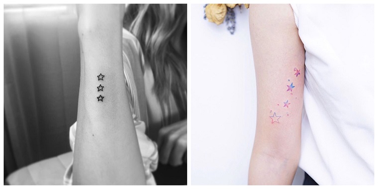 Simbologia tatuaggi e un'idea con due tatto di stelle sul braccio di una donna