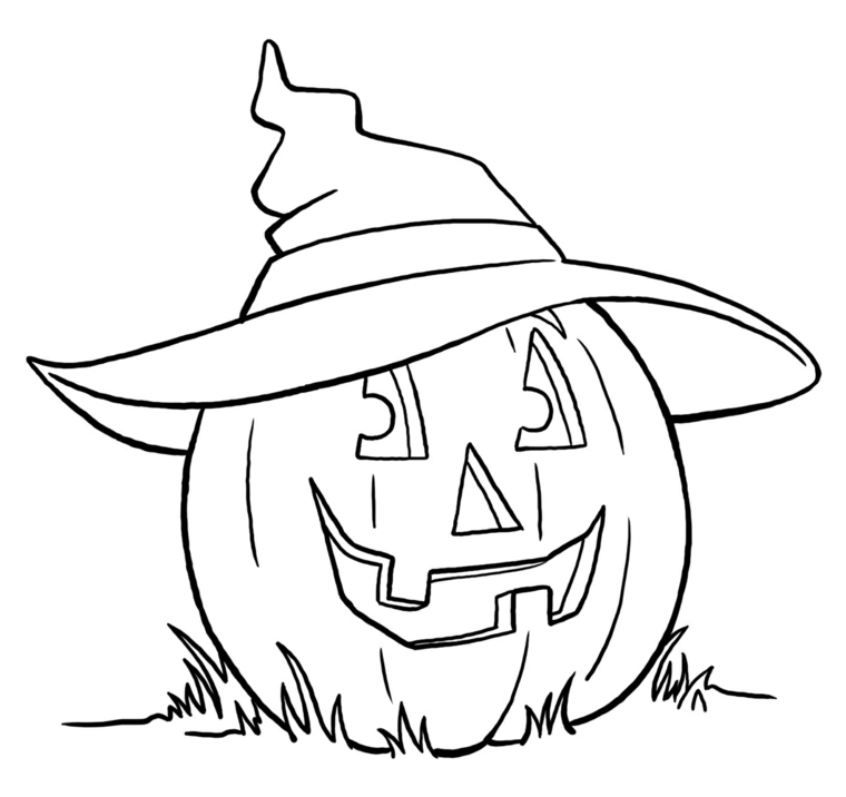 Zucca di Halloween disegno con il cappello da strega sull'erba