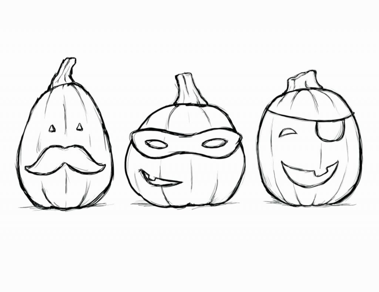 Disegno zucca Halloween, tre disegni da colorare di zucche mascherate come nindja