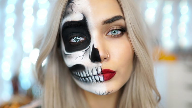 Idea per un make up Halloween da metà faccia scheletro di colore bianco e nero
