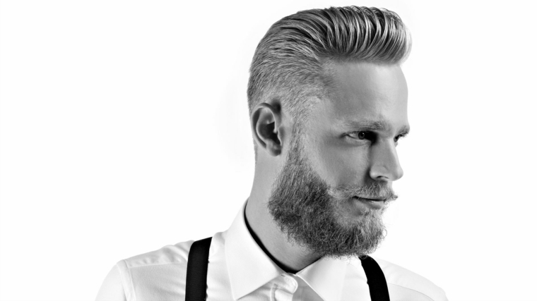 Taglio capelli uomo rasati ai lati e acconciatura pompadour, abbigliamento elegante con camicia bianca