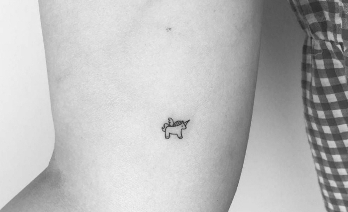Tatuaggi piccoli particolari femminili e un'idea con il disegno di un piccolo unicorno sul braccio