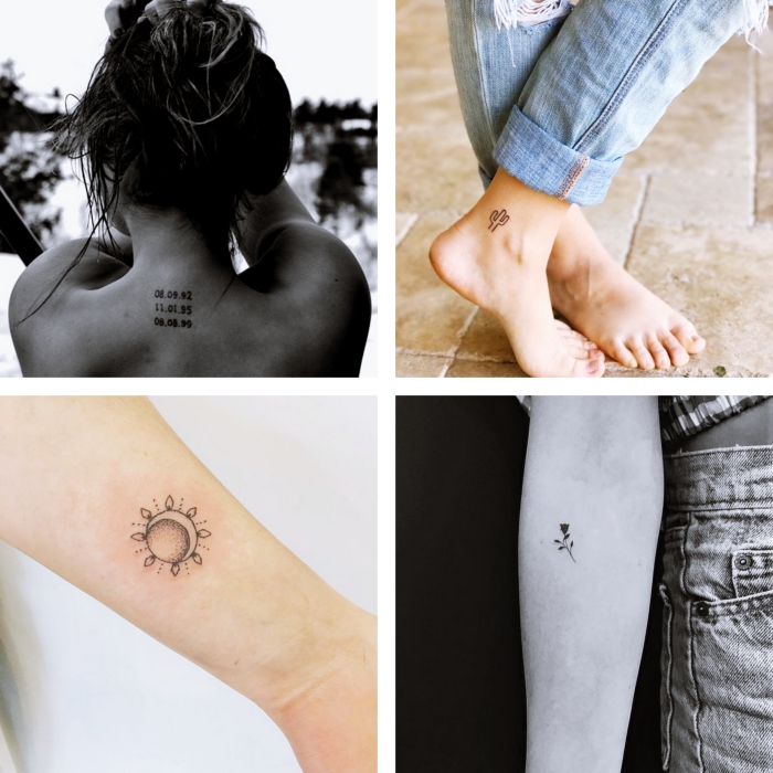 Piccoli tatuaggi femminili con scritte e disegni di fiori, collage di foto con idee tattoo