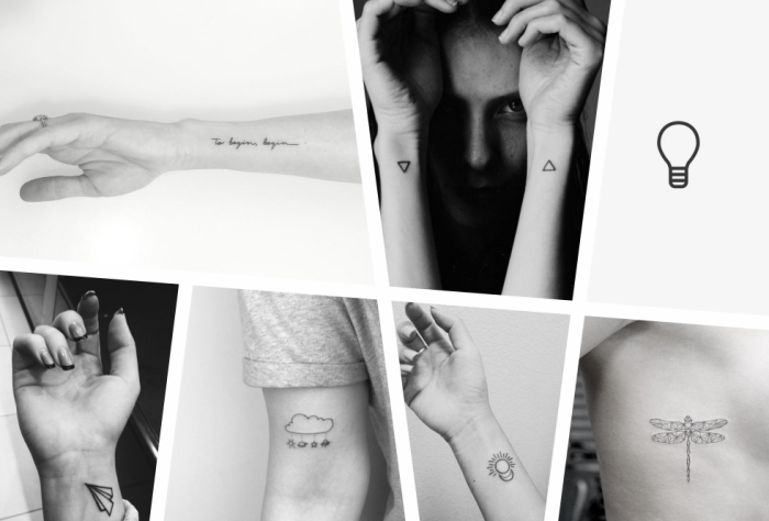 Idee per dei tatuaggi simboli con disegni e scritte, tattoo sul polso della mano e avambraccio