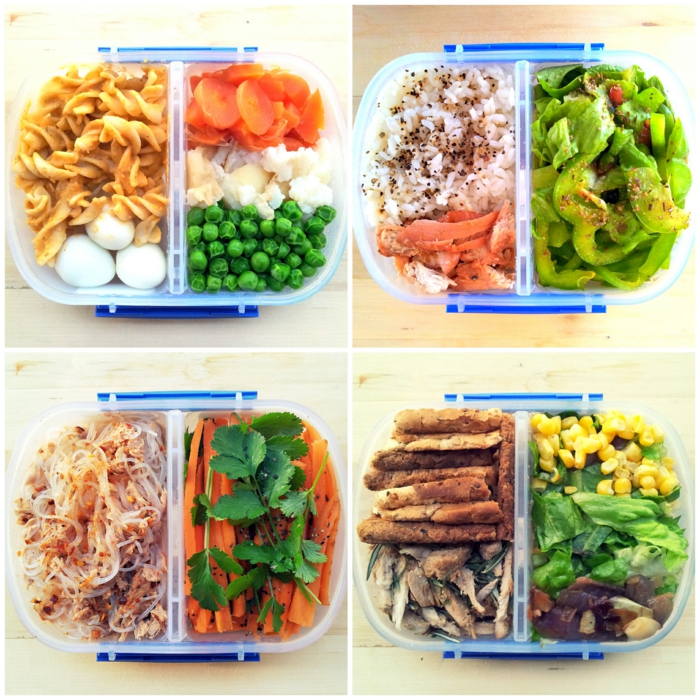 Dieta nutrizionista esempio, pranzo in scatola con verdure e carne 
