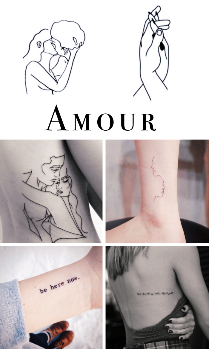 Idee per dei tatuaggi piccoli femminili con un collage di foto e tattoo scritte