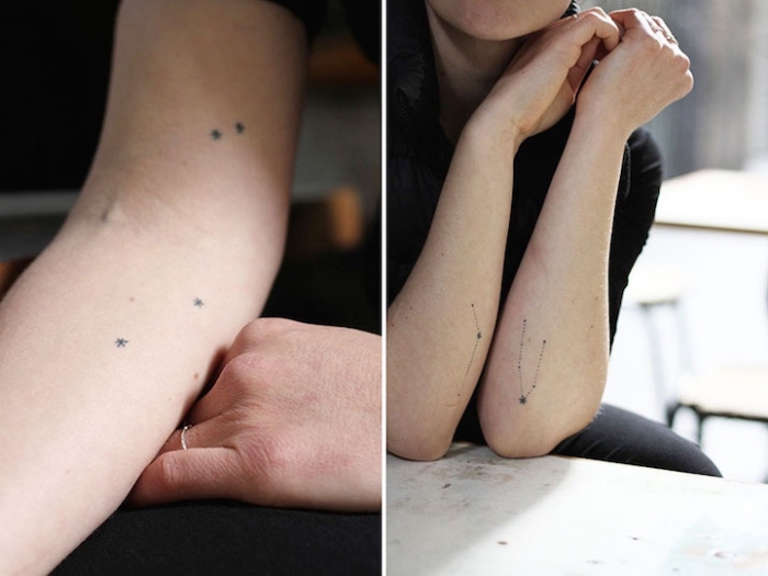 Idee per dei tattoo ispirati alle costellazioni, tatuaggi simboli con disegni sulle braccia