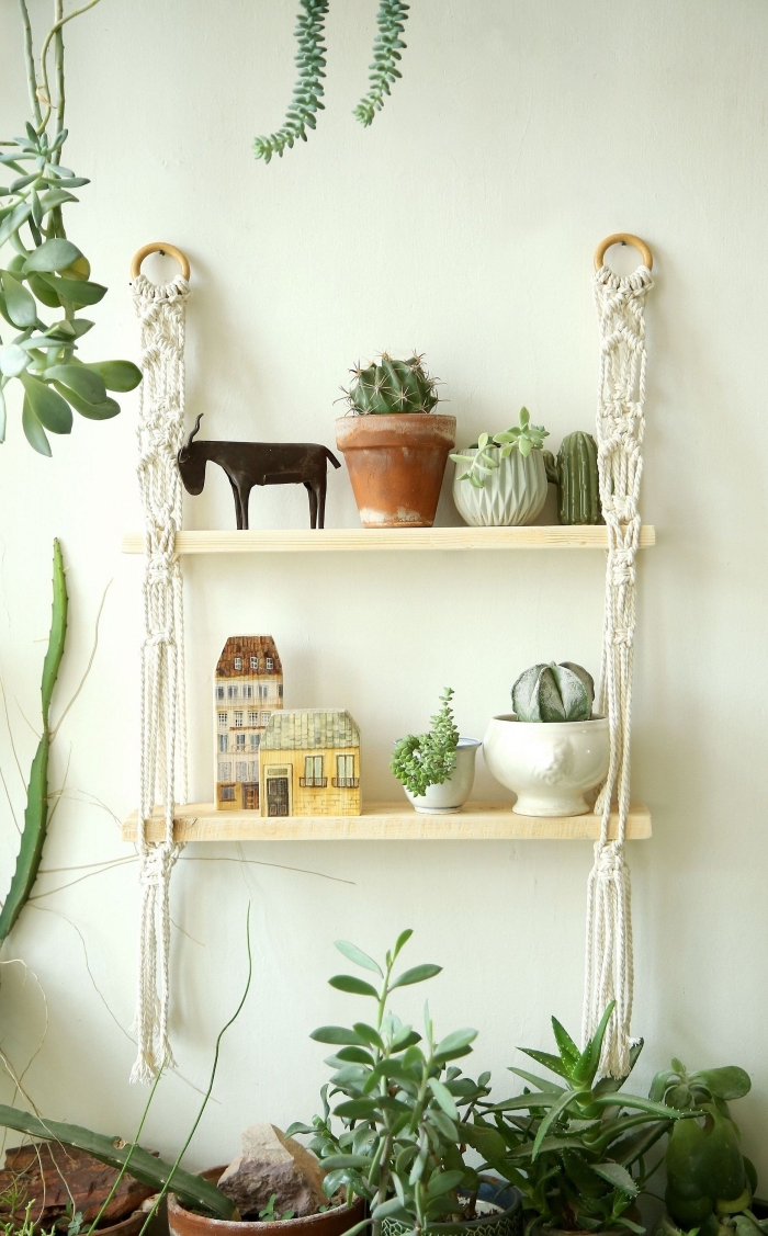 Mensola di legno con un sostegno macramè intrecci, decorazione con piante grasse in vasi