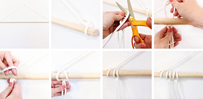Idea macramè tutorial con corda bianca e un bastone di legno 