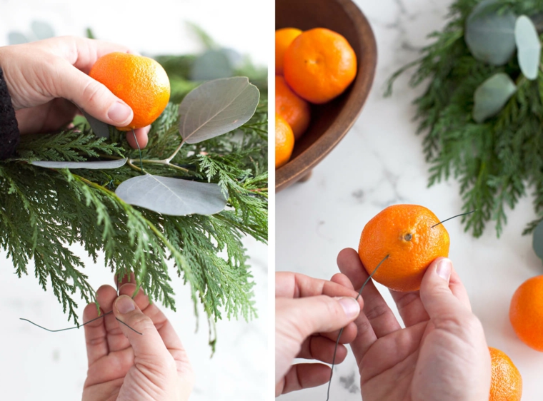 Tutorial per creare una ghirlanda di rametti dell'albero natalizio e le clementine