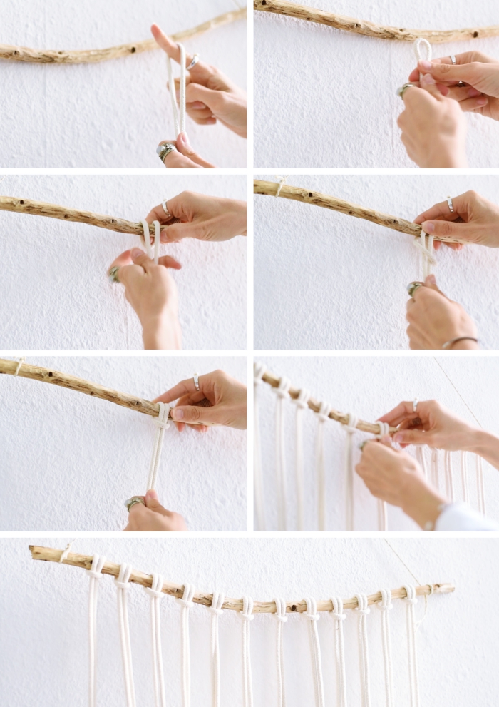 Idea per macramè tutorial con corda bianca e un bastone di legno