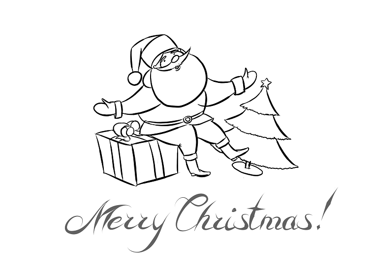 Babbo Natale seduto su un pacco regalo, biglietti di Natale da colorare