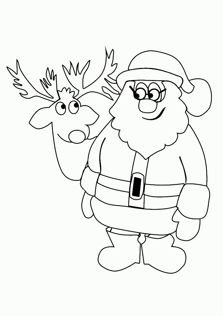Renna da colorare, Babbo Natale con cappello e costume, disegno a matita da colorare